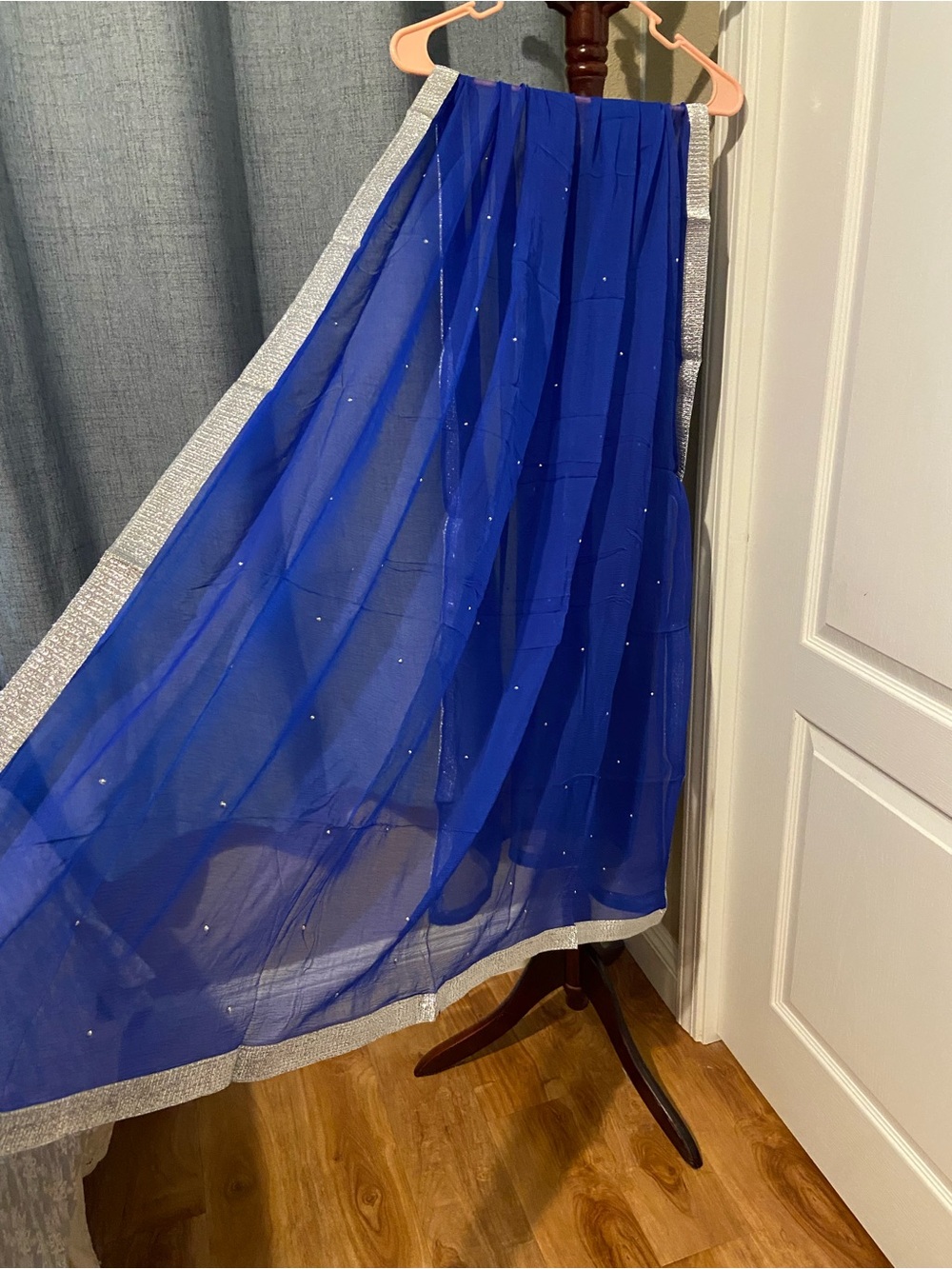 Indian Elegant Royal Blue Women's Scarf Dupatta with Silver Trim Gems Shawl Wrap